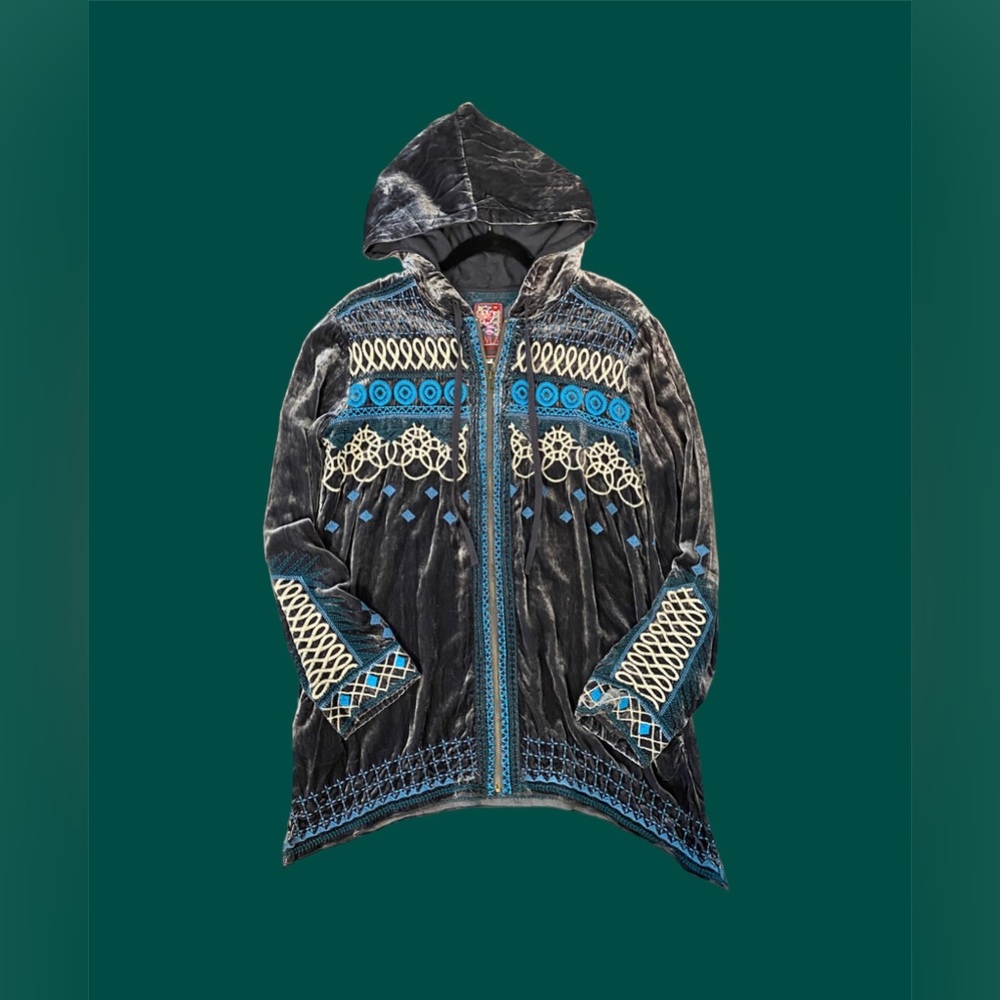 Johnny Was Silk Velour Charcoal Hooded Zip Up - Blue Green & White Embroidered